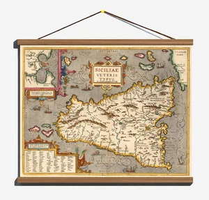 Antique Vintage 1624 Early Ancient Map Of Sicily; Canvas, Magnetic Wooden Hanger - Picture 1 of 15