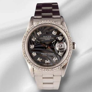 Rolex Date 34mm Ladies 1.5ct Prong Grey Palm Diamond Dial Steel Watch 15000 - Picture 1 of 11