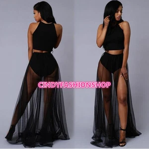 New Women Sexy Bandage Club High Waisted Cropped 2 PC Casual Maxi Chiffon Dress - Picture 1 of 11