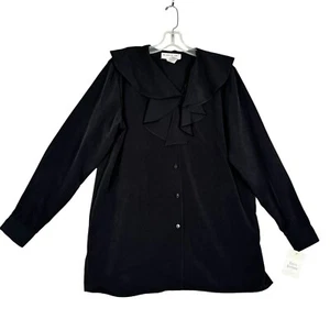 Brownstone Studio NY Women’s Large Blouse Black Ruffled Button Up Long Sleeve - Picture 1 of 6