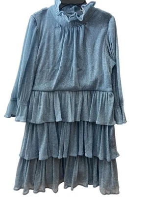 Janie and Jack Girls Dress Size 6 Blue Metallic Ruffle Long Sleeve Party Holiday - Image 1 of 4