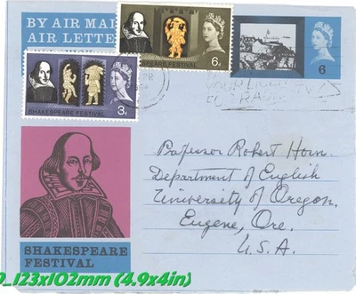 Aerograma del Festival de Shakespeare del Reino Unido 1964 a Estados Unidos con estampillas y cartas añadidas Foto 1 de 4