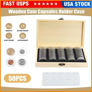 50PCS 20MM Capsule Monete Scatola Portaoggetti con Custodia in Legno Collezione Espositore US - Foto 1 di 12
