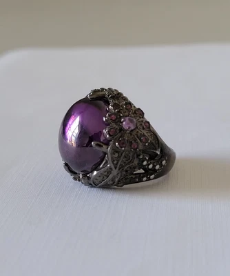 Vintage Purple Crystal Cabochon Orb Black Metal Flower Statement Cocktail Ring 6 - Image 1 of 4
