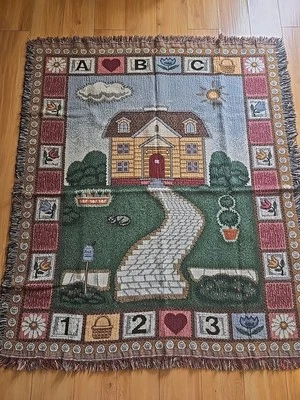 Vintage Blanket Throw Tapestry  50x58 Home, School, Flowers, A,b,c,1,2 3 - Image 1 of 4