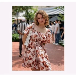 NWT Altar’d State Floral Minlyn Dress Puff Sleeve Mini Ivory Burnt Orange Med - Picture 1 of 16