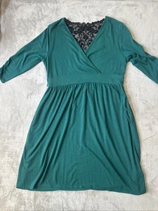 Green Faux Wrap Dress Lace Back 3/4 Sleeve Women’s Size 0 Missing Belt - Picture 1 of 7