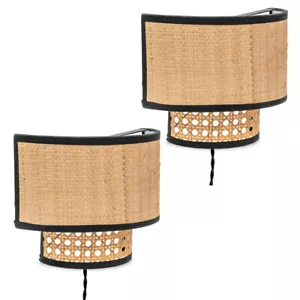 2x Natural Cane Plug In Wall Lights Living Room Bedroom Lamps Easy Fit LED Bulbs - Picture 1 of 8
