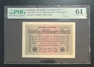 GERMANY / REPUBLIC TREASURY NOTE 1923 PICK# 109f  50 MILLIONEN MARK PMG64 - Image 1 of 2