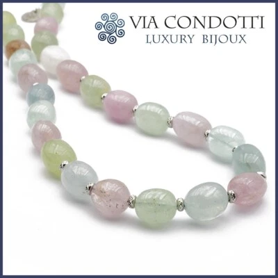 Collana in Morganite Naturale girocollo in pietre dure rosa verde e Argento 925 - Immagine 1 di 4