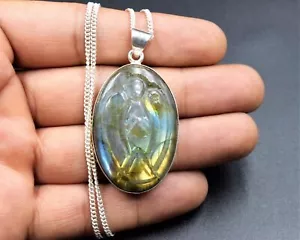 NATURAL LABRADORITE CARVING ANGEL Pendant WITH BRASS CHAIN REIKI HEALING STONE - Picture 1 of 4