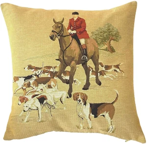 FOX HUNT ONE HORSE BELGIAN TAPESTRY CUSHION PILLOW COVER WITH ZIP CLOSURE 4542 - Picture 1 of 6