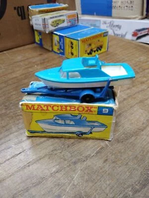 Antigo MATCHBOX Series #9 Barco e Reboque Azul Fundido/Plástico Inglaterra Caixa Original - Imagem 1 de 4