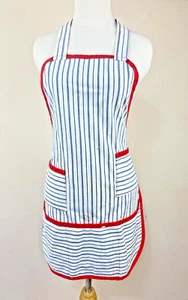 VTG Hand Sewn Black White Blue Stripe Full Apron S Pocket Made By a Real Grandma - Picture 1 of 10