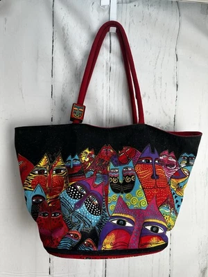 Bolso de Mano Laurel Burch Rojo Artístico Estampado de Gato Cremallera Superior Cónico Lona Pintura a Mano Cuentas Foto 1 de 4