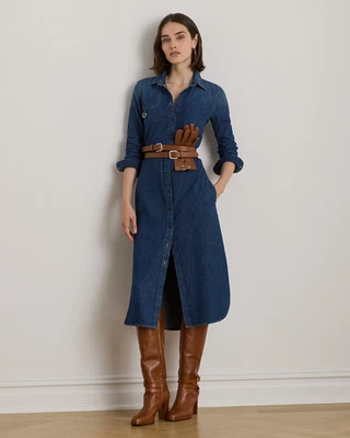Ralph Lauren Horsebit-Trim Belted Denim Shirtdress Size 12 - Image 1 of 4