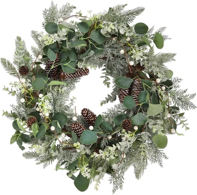 24-дюймовый рождественский венок с сосновыми шишками белые ягоды зимний искусственный эвкалипт - Изображение 1 из 4