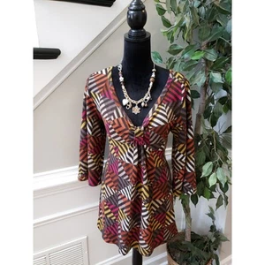 Women's One World Multicolor Tunic Top L Boho V Neck 3/4 Sleeve Stretch Knit - Picture 1 of 12