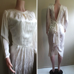 Vintage 80s Nordstrom 8 M Ivory 100% Silk Jacquard LS Low Back Tie Basque Waist - Picture 1 of 15