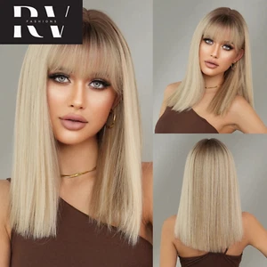 Shoulder Length Wig Synthetic Straight Blonde Ombre Brown Wigs For Women - Picture 1 of 9