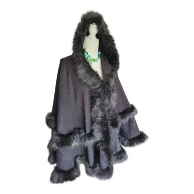 Hooded A-line knit cape, faux trim. Elegant. - Image 1 of 3