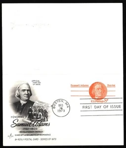 OPC 1973 Samuel Adams 8c Reply Postal Card Sc#UX66 FDC Artcraft Cachet 43683 - Picture 1 of 2