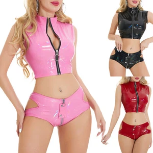 Conjunto de lencería de dos piezas de cuero látex para mujer con cremallera y pantalones calientes - Imagen 1 de 47
