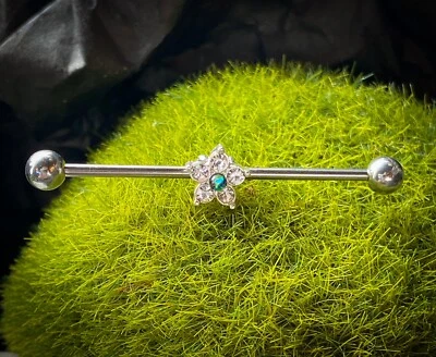1pc Opal Glitter Centered CZ Gem Flower Industrial Barbell 14g 1.5" 1&1/2" 38mm - Image 1 of 2