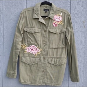 Topshop Ethan Utility Jacket Rose Appliqué Army Green & Pink Size 6 Military - Picture 1 of 11