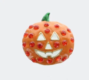 REDUCED PRICE!!!  Orange Crystals Enamel Face Halloween Pumpkin Pin or Pendant - Picture 1 of 3
