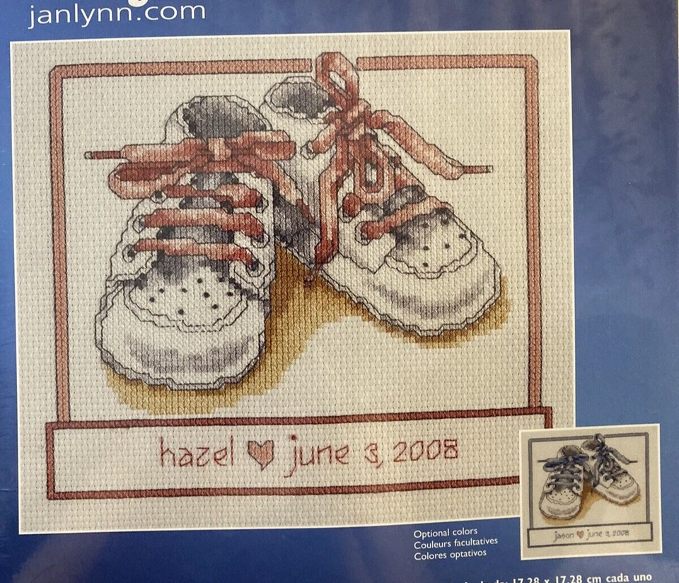 Janlynn Counted Cross Stitch Kit Baby Shoes 023-0556 Boy or Girl Colors 7x7