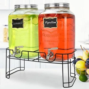 2 Gal Glass Drink Dispensers W/ Stand and Leakproof Spigot Water Jug Dispenser - Picture 1 of 7