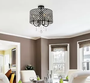 Semi Flush Mount Chandelier Black Bedroom Kitchen Hallway Crystal Light Fixture - Picture 1 of 9
