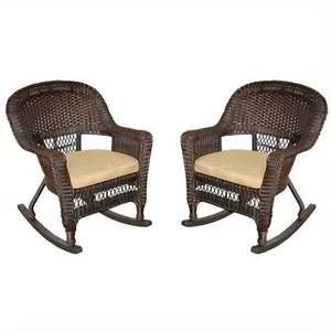 Pemberly Row Rocker Wicker / Rattan Chair - Espresso with Tan Cushion (Set of 2) - Picture 1 of 6