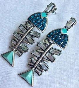 Costume Jewellery Silver Tone Turquoise Rhinestone/Enamel Glass Fish Earrings - Picture 1 of 6