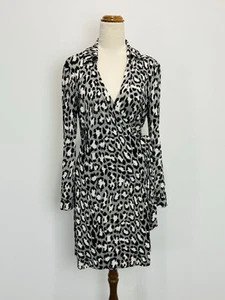 Diane von Furstenberg Silk Wrap Dress Black Grey Leopard Print Stretch Midi 10 M - Picture 1 of 11