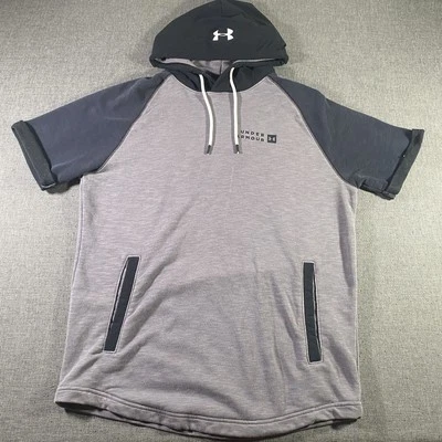 Camisa masculina Under Armour cinza média preta HeatGear com capuz manga curta atlética - Imagem 1 de 4