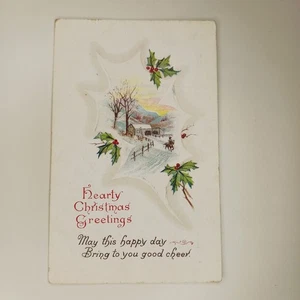 Herzhafte Weihnachtsgrüße Postkarte verschickt geprägtes Pferd Winterszene - Bild 1 von 9