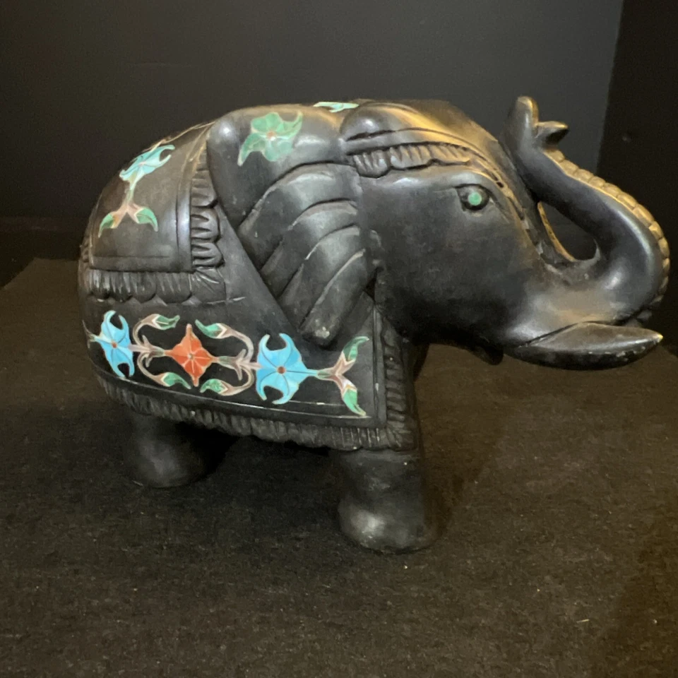 大象雕像 孔雀石镶嵌 Pietra Dura 工作艺术 手工制作 半珍贵 — 第 1/4 张图片