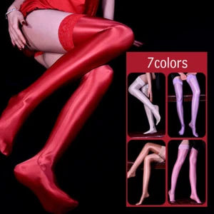 Damen Sexy Spitze Öl Glänzend Schenkelhoher Strümpfe Lack-Optik Lange Socken - Bild 1 von 19