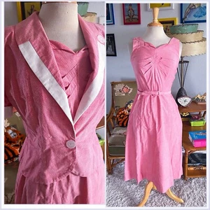 Vintage 1940s Dress Set Red White Print 2 Pc M Dress Jacket 40s 50s Pinup - Picture 1 of 13
