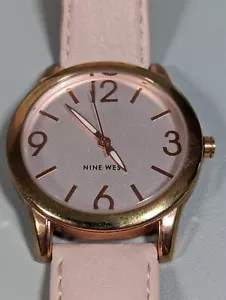 Nine West Silver Tone Case Rose Gold Tone Round Case Pink Leather Band Watch - Picture 1 of 8