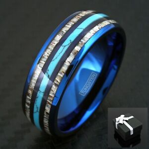 8mm Men's Blue Tungsten Turquoise & Deer Antler Stripe Domed Wedding Band Ring