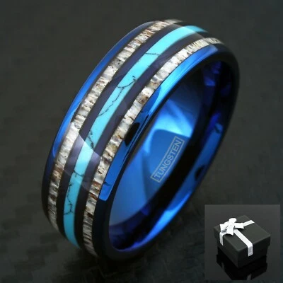 Anillo de alianza de boda abovedado a rayas de cuerno y turquesa de tungsteno azul de 8 mm para hombre Foto 1 de 4