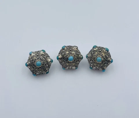 3 Antique Chinese Sterling Silver Blue Turquoise Filigree Buttons Cover