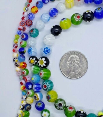 Handmade Millefiori Lampwork Mixed Color Round Beads 4mm/6mm/8mm/10mm 14" Strand - Image 1 of 3