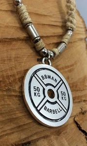 50 KG Weight Plate Barbell Weight Lifting Pendant on Hemp Necklace - Picture 1 of 2