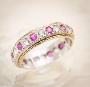 Vintage 9ct Yellow & White Gold Full Eternity Ring - Lab Created Pink Sapphires - Picture 1 of 11