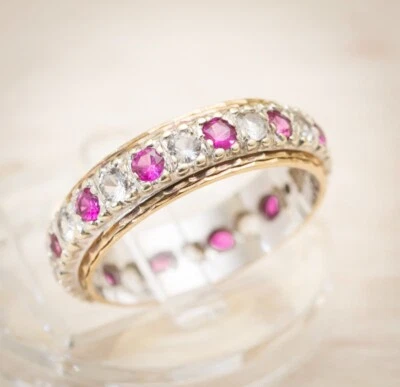 Vintage 9ct Yellow & White Gold Full Eternity Ring - Lab Created Pink Sapphires - Image 1 of 4