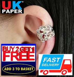 UK NEW SILVER FLOWER EAR CUFF CLIP-ON WRAP CARTILAGE EMO PUNK GOTH VINTAGE CHIC - Picture 1 of 24